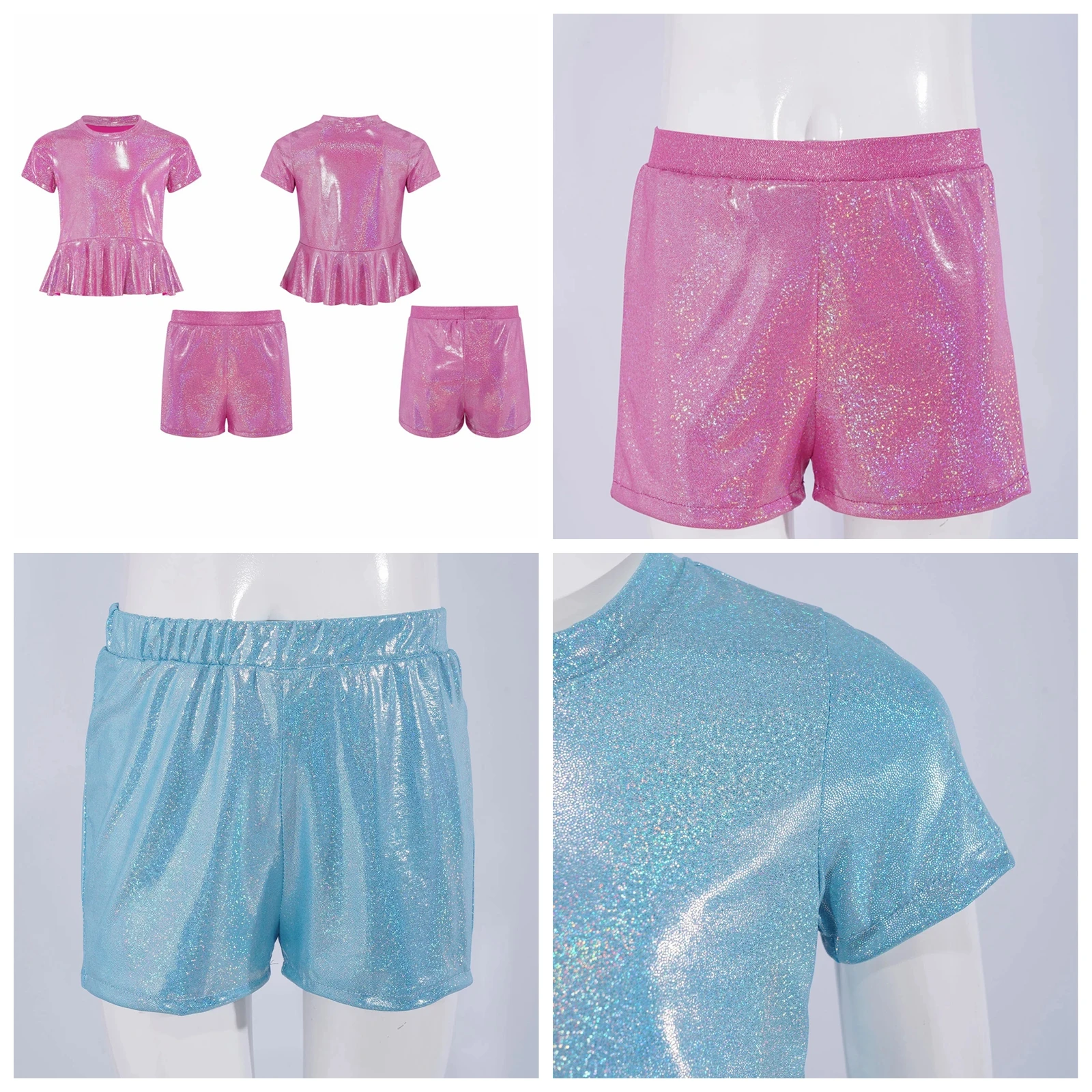 Children's Clothes Sets Kids Girls 2pcs Metallic Disco Costume Cheerleading Dance Outfit Short Sleeve Peplum Top + Shorts Suits