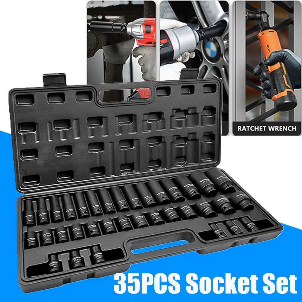 35PCS Impact Socket Set 6 Point Deep Socket Wrench 1/2" Drive Long Reach Garage Metric 8-32MM Car Repair Combined Tool