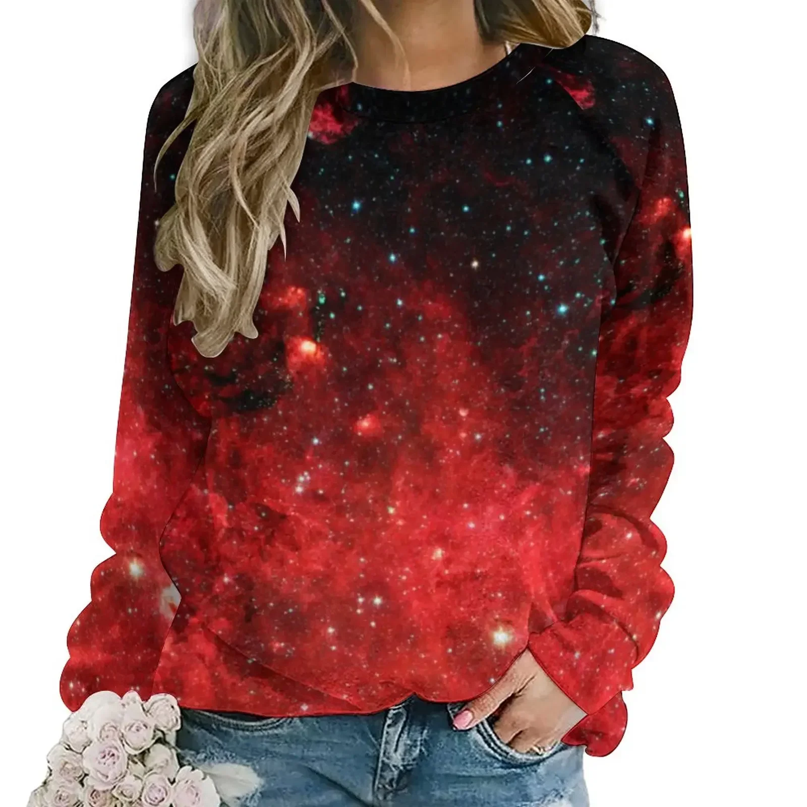 

Red Galaxy Sky Hoodies Female Long Sleeve North America Nebula Modern Casual Hoodie Street Wear Oversized Graphic Sweatshirts