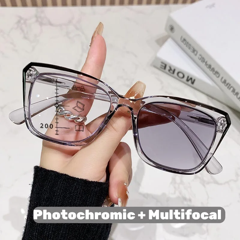 Lunettes de lecture multifocales photochromiques à monture transparente pour femmes et hommes, lunettes de presbytie progressives Anti-lumière bleue