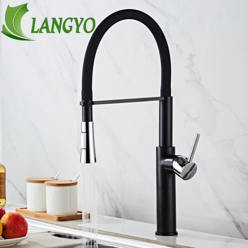 

LANGYO White&Black Kitchen Vessel Sink Faucets Swivel Spout Pull Out Taps Solid Brass FaucetFor Sink Deck Mount