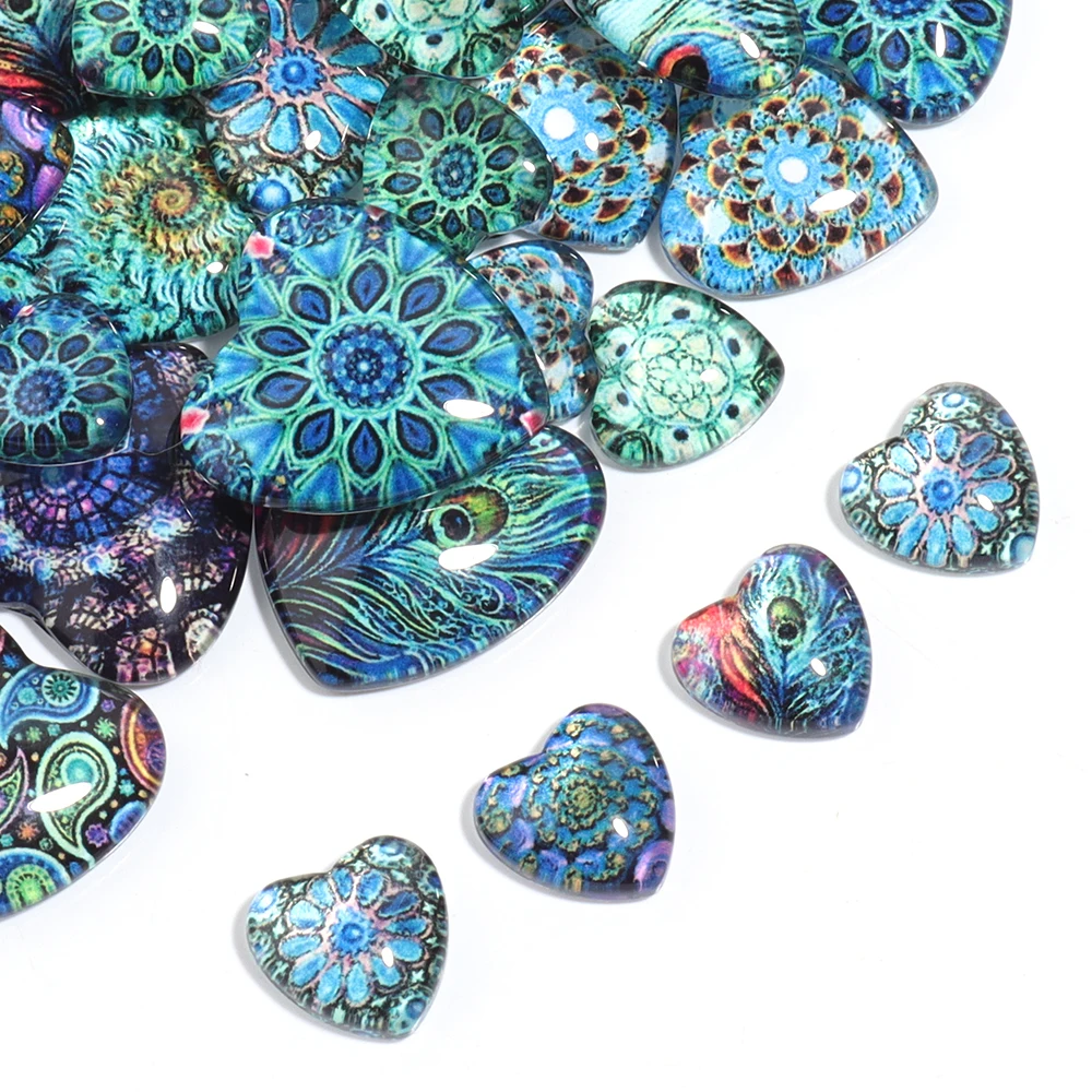 10pcs/lot Peacock Pattern Glass Cabochon Beads Heart Shape Glass Cabocho Beads For Diy Jewelry Necklace Ring Pendant Accessories