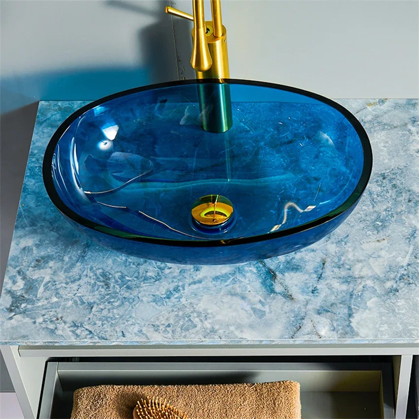 Colored Transparent Tempered Glass Countertop Basin Art Sink Home Balcony Bathroom Cabinet Washbasin Tabletop Basin Glass Basin