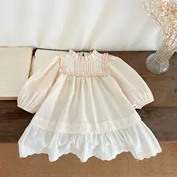 Baby Girls Dress Autumn Solid Ruched Lace Broder Long Sleeve Ruffle Hem Infant Girls Dress Cotton Simple Toddler Girls Dress