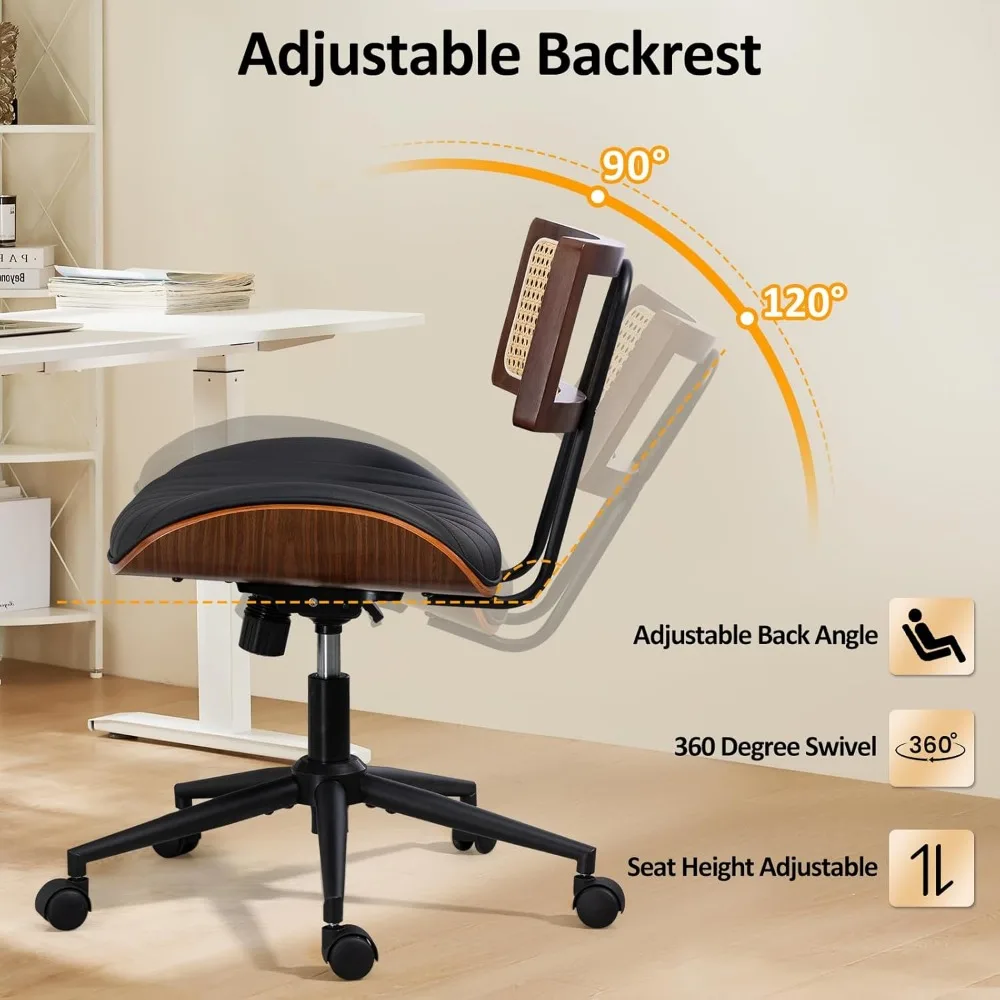 كرسي مكتب منزلي بعجلات، كرسي مكتب بارتفاع قابل للتعديل مع مسند ظهر من الخيزران، كرسي كمبيوتر دوار من الجلد، حديث بدون ذراع #4