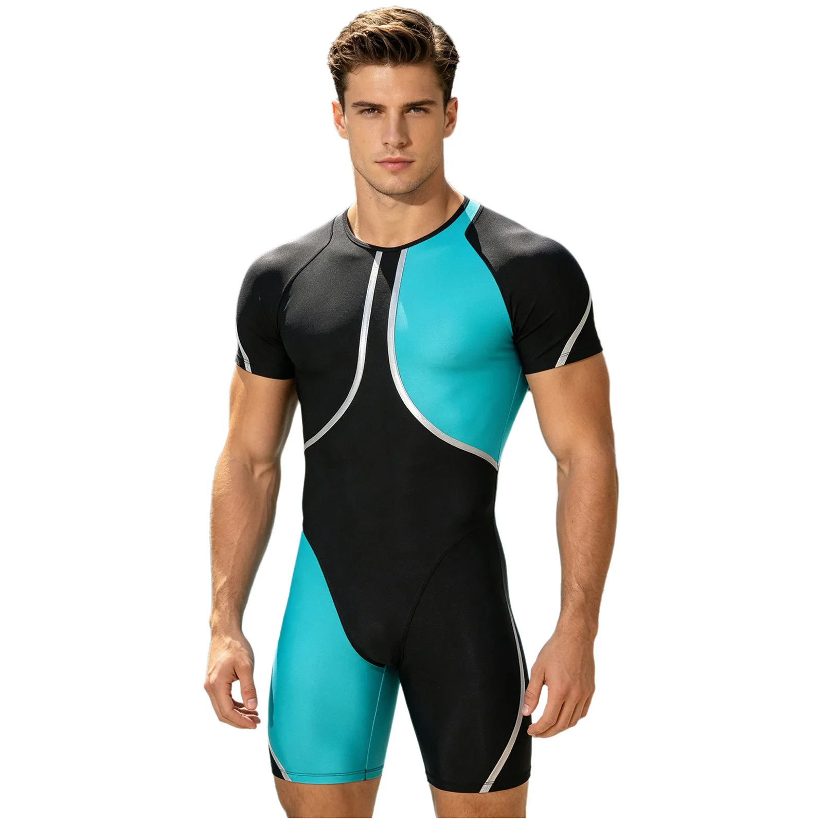 Herren-Einteiler-Rashguard-Tauchanzug, Badeanzug, kurzärmeliger Sport-Bodysuit mit Rückenreißverschluss und metallischem Besatz. – Detail 17
