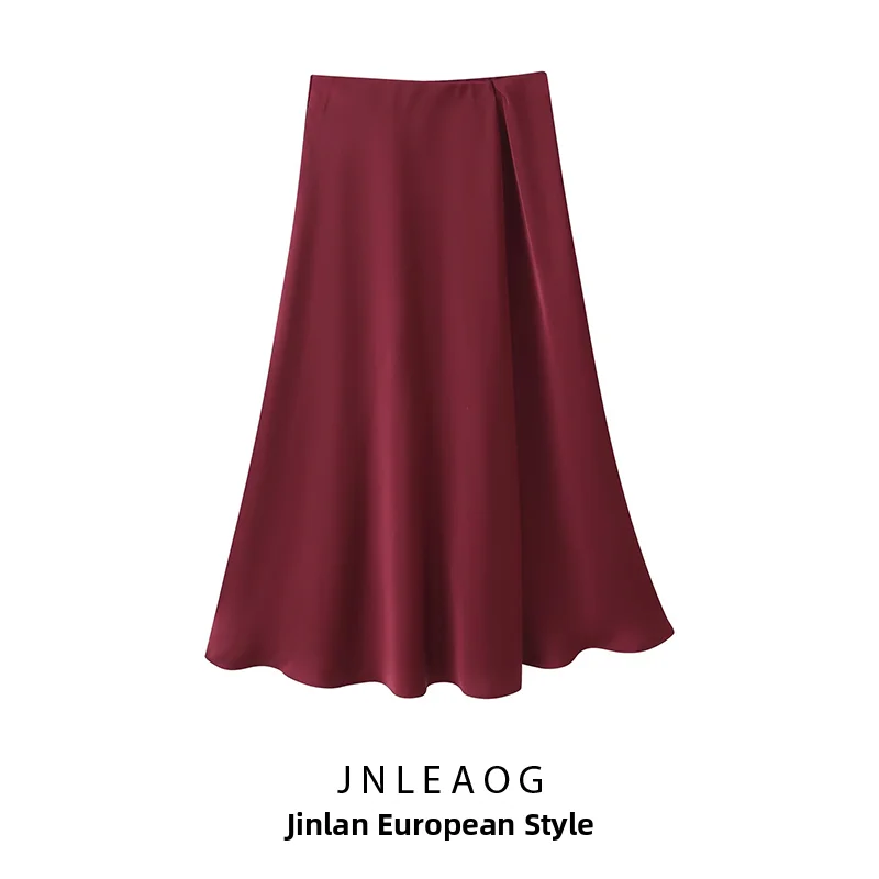 JNLEAOG Autumn New Women's Fashion Satin Double Lapel Midi Skirt Standard Fit Polyester Casual Print A-Line Skirt
