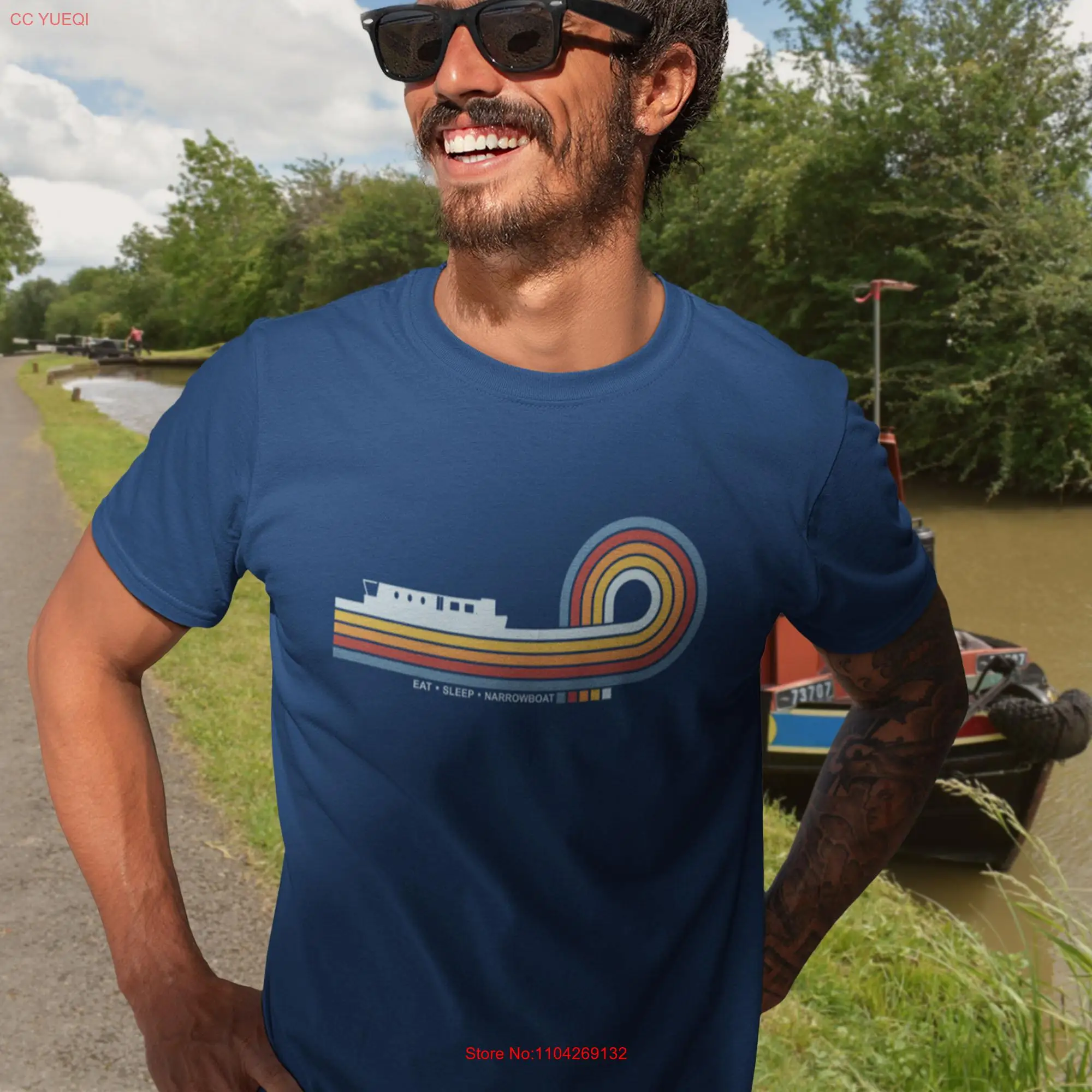 Retro Lines Narrowboat T Shirt 70s Style Canal Boat Eat Sleep Sailing In House long or short sleeves