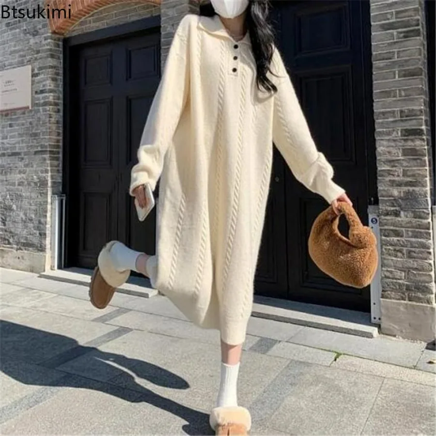 New 2024 Women's Sweater Dress Autumn Winter Korean Edition Loose Relaxed Commuter Thickened Lapel Over Knee Knit Dress Vestidos