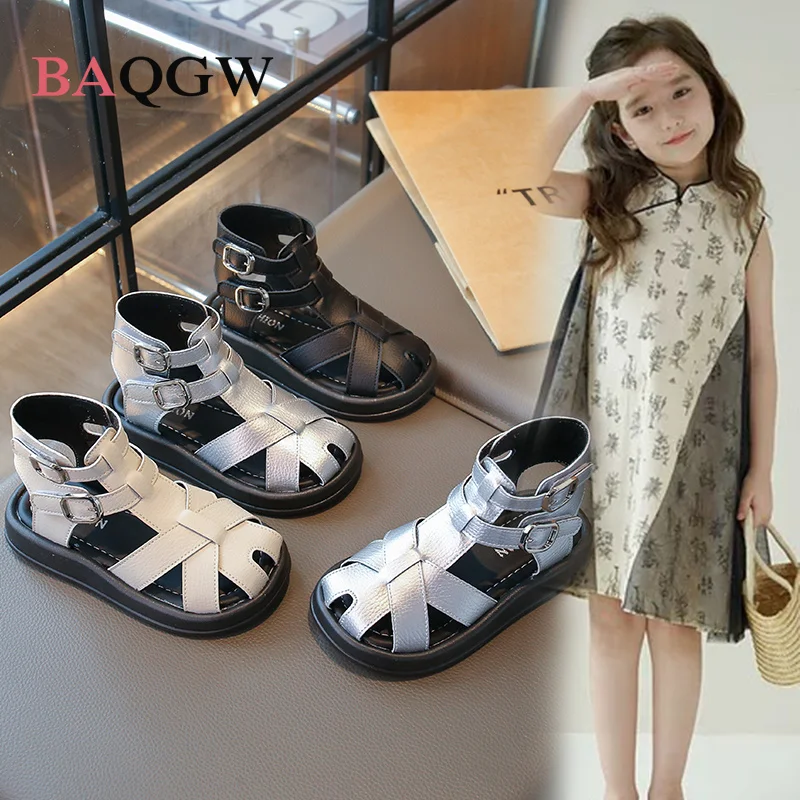 2026 Buckle Up Casual White Roman Sandals Breathable Open Toe Ankle Shoes for Toddler Kids Summer Beach Daily Wear