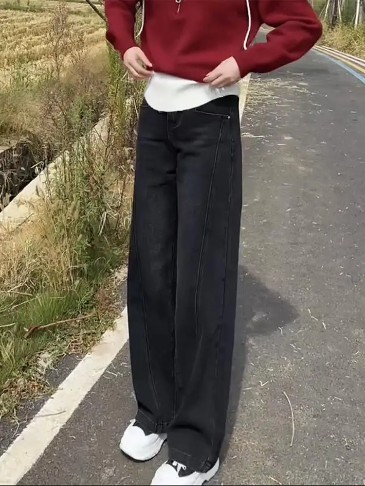 Pantalones vaqueros de pierna recta con forro Fce de talla grande para mujer, pantalones de pierna ancha holgados hasta el suelo, pantalones largos de cintura alta, primavera 2025