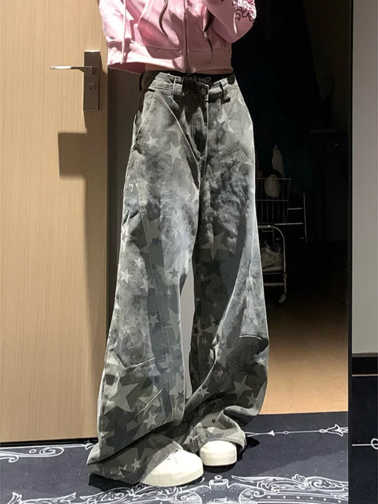 

2026 Spring Jeans Women's Retro Star Print Camo Cargo Jeans Stylish Loose Straight Leg Wide Leg Floor-length Denim Pants