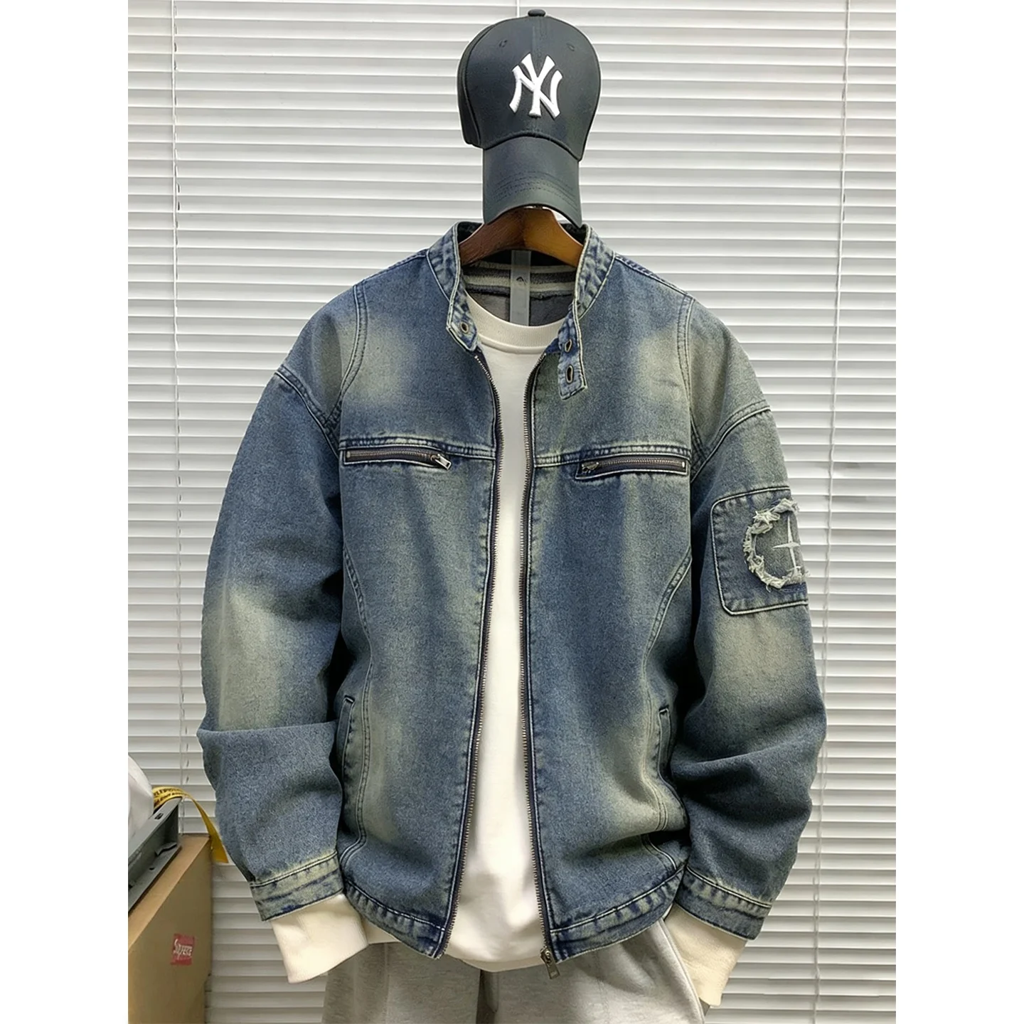 

American Heavyweight Waed Denim Jaet Men's Street Retro Patchwork Motorcycle Sle Casual Stand Collar Workwear Jaet