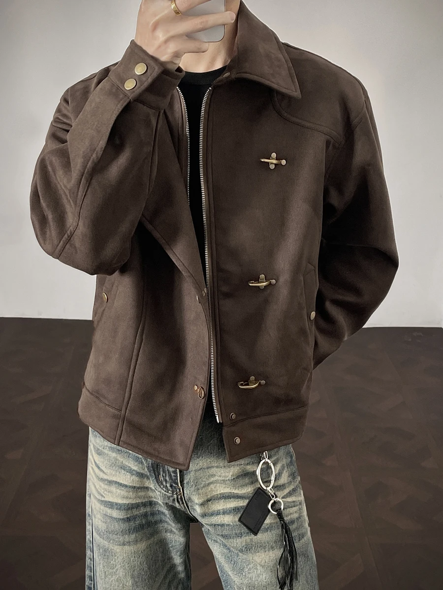 

Retro American Sle Suede Jaet Men's Spring Heavyweight Notch Collar Trendy Haome Loose ort Top Airplane Bule