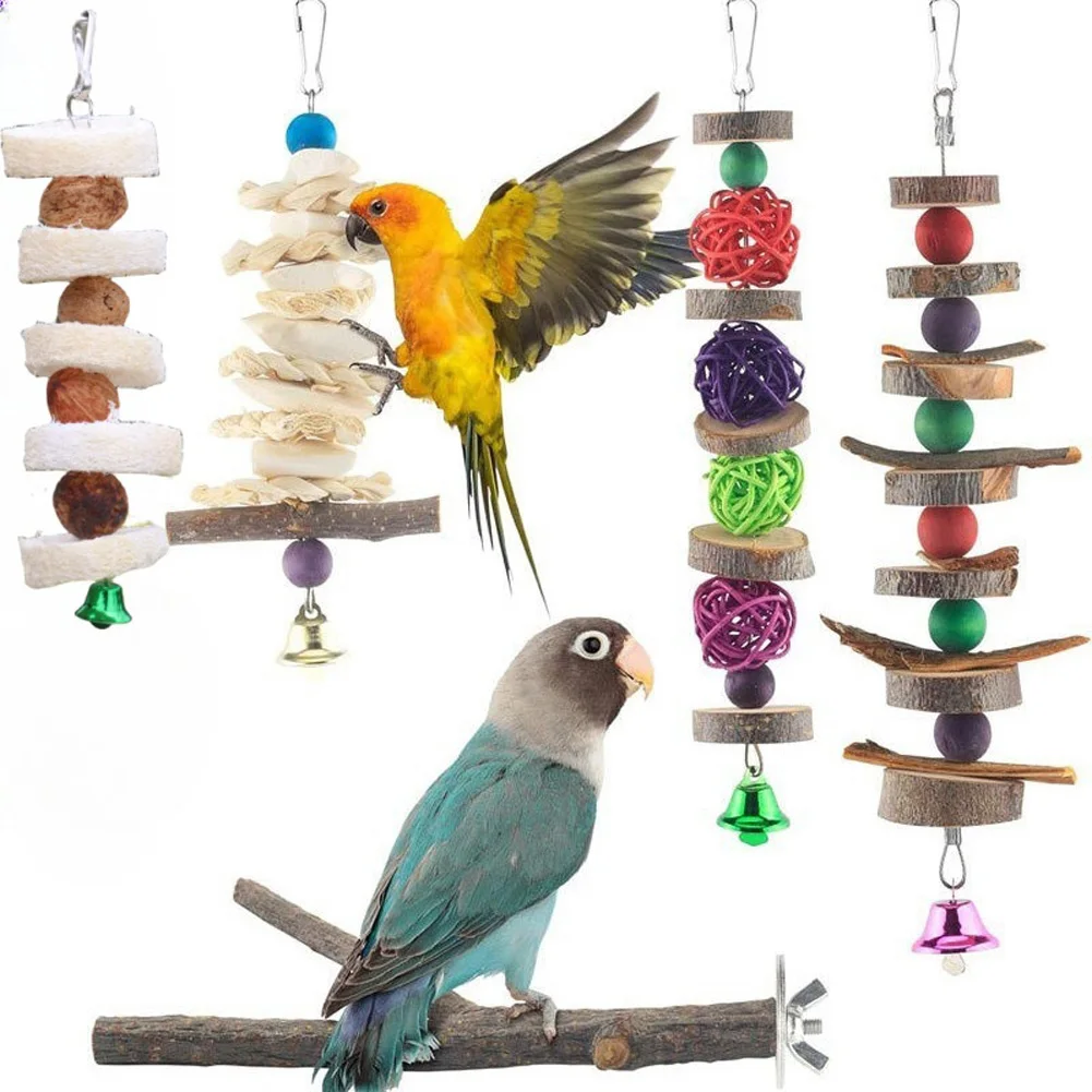 

5pcs Parrots Wood Chew Toys Birds Hanging Playground Bird Chewing Perch Stand Parrot Wood Swing Ball Cage Pet Accessories