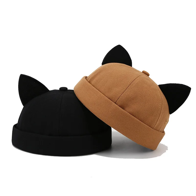 Cat Ear Docker Cap Brimless Hats Beanie for Women Men Skull Cap Worker Sailor Cap Rolled Cuff Retro Docker Hat Summer Fashion