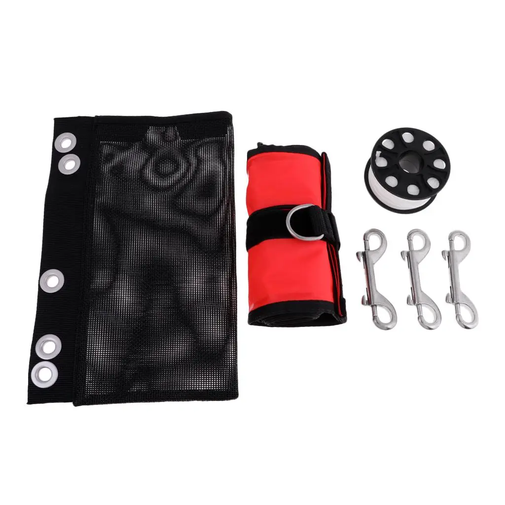 Safety Dive Surface Marker Buoy with Finger Reel and Mesh Gear Bag Set for Snorkeling and Ocean Diving
