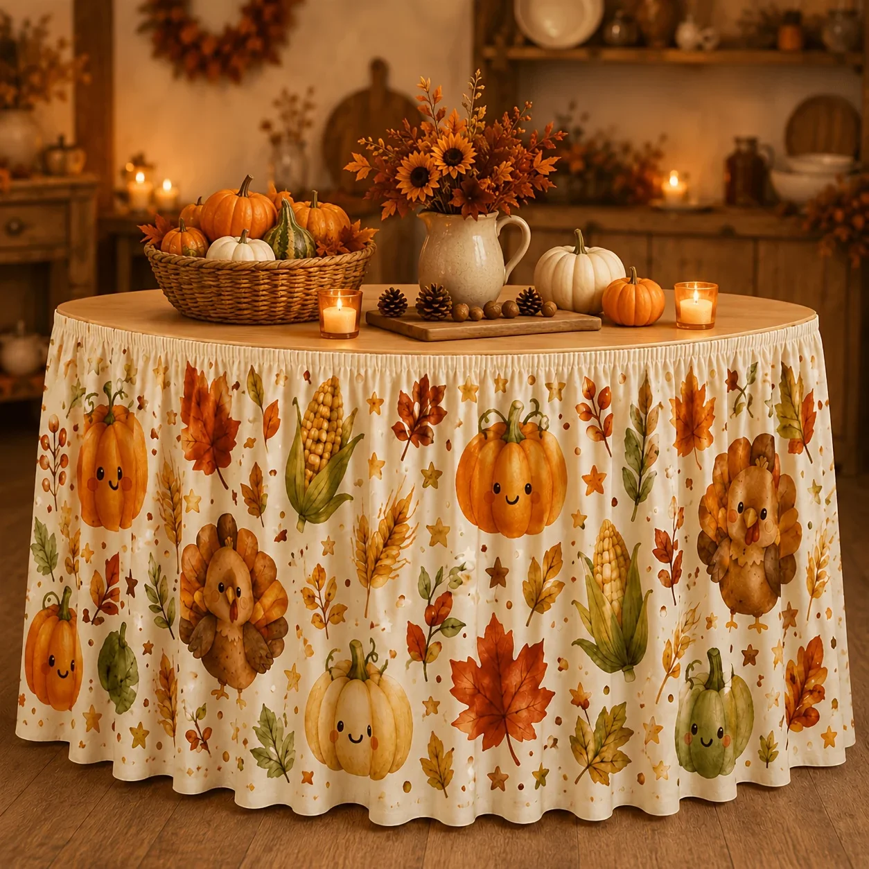 Cream-colored background watercolor-style Thanksgiving tablecloth pattern featuring a cute turkey and a pumpkinxzj
