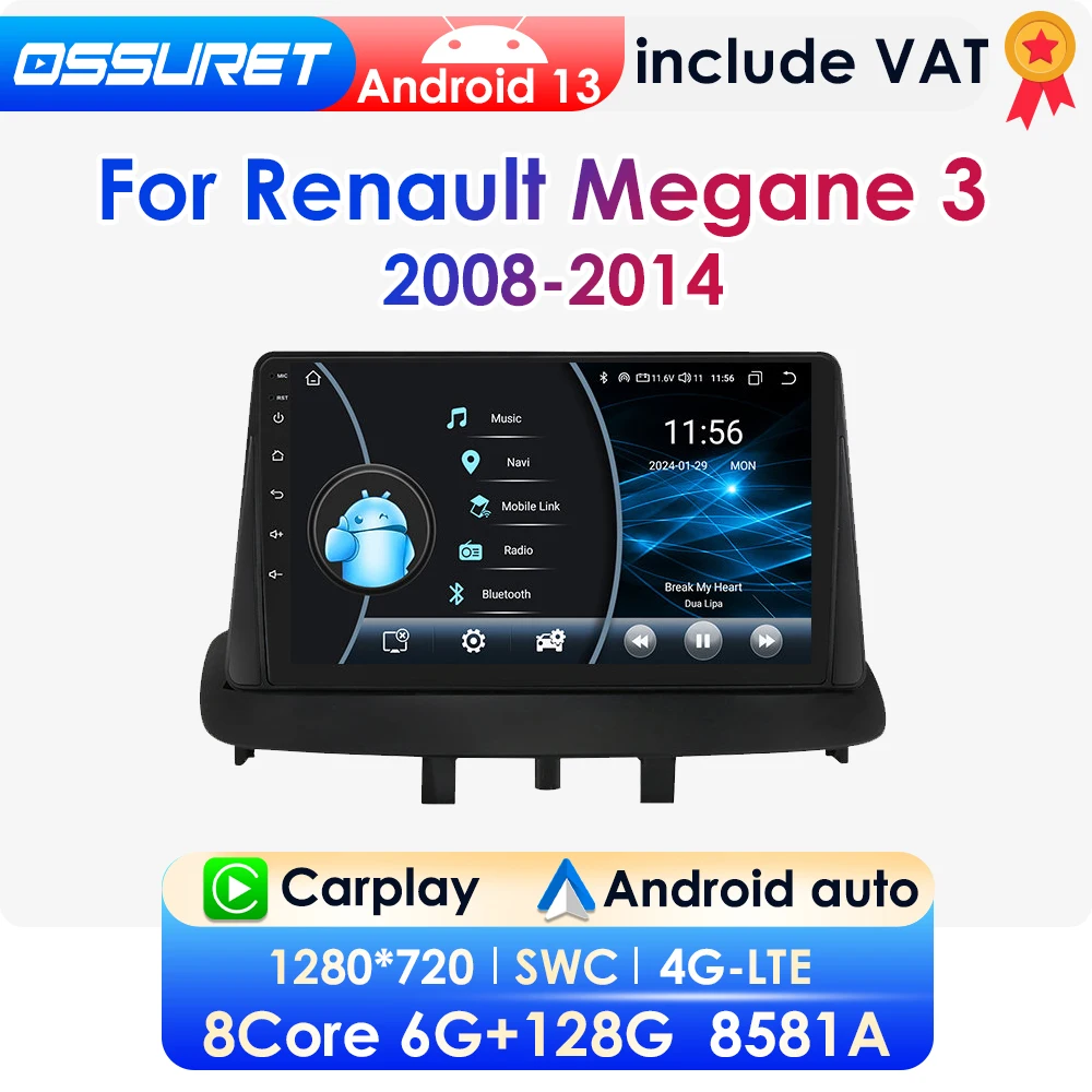 2DIN Carplay Android 13 Car Radio For Renault Megane 3 2008-2014 Car Stereo Multimedia Player GPS Autoradio Navigation 4G