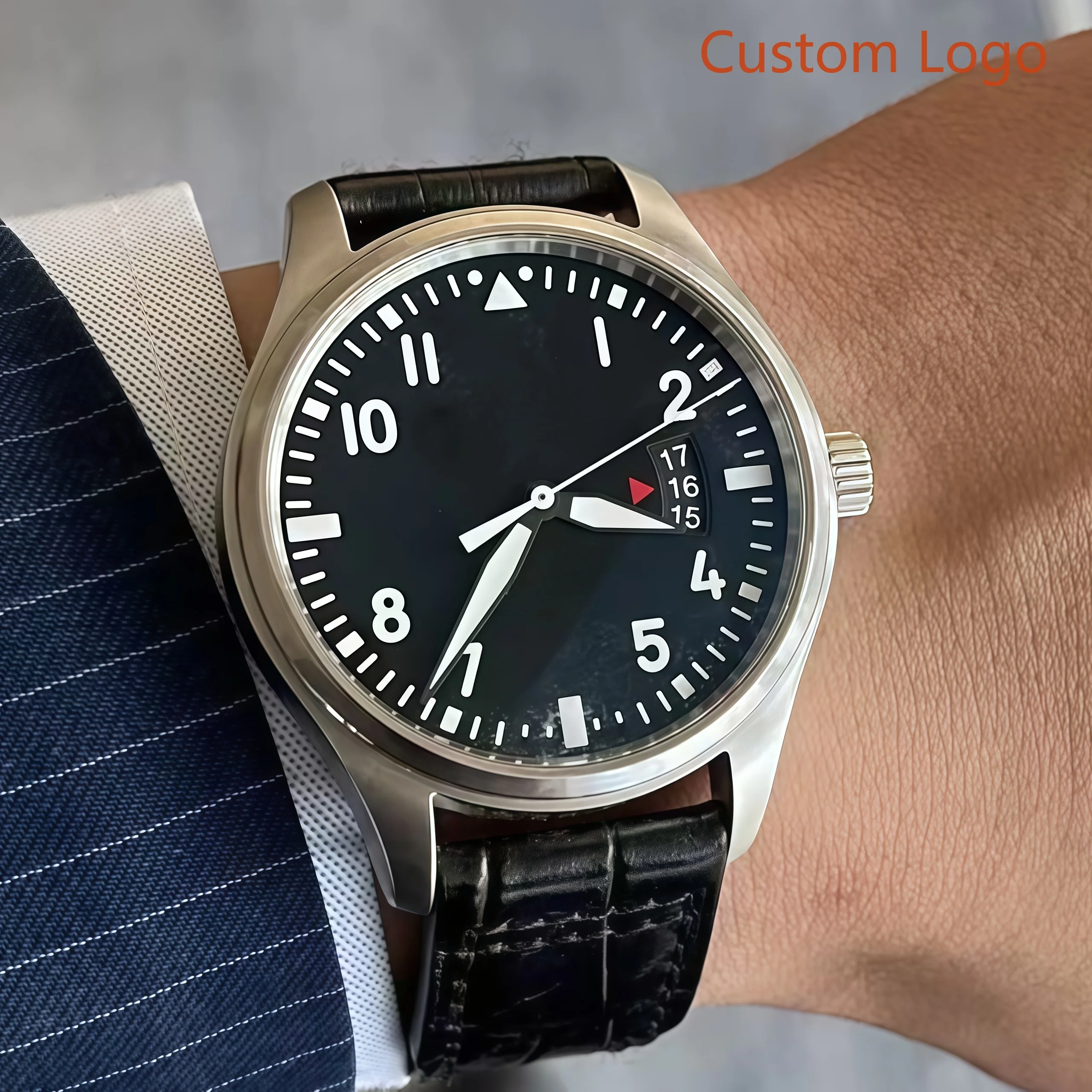 LONG GE Men 41mm Pilot Automatic Watch Black Strap Waterproof Military Aviator Sports Male Mechanical Customized Watches