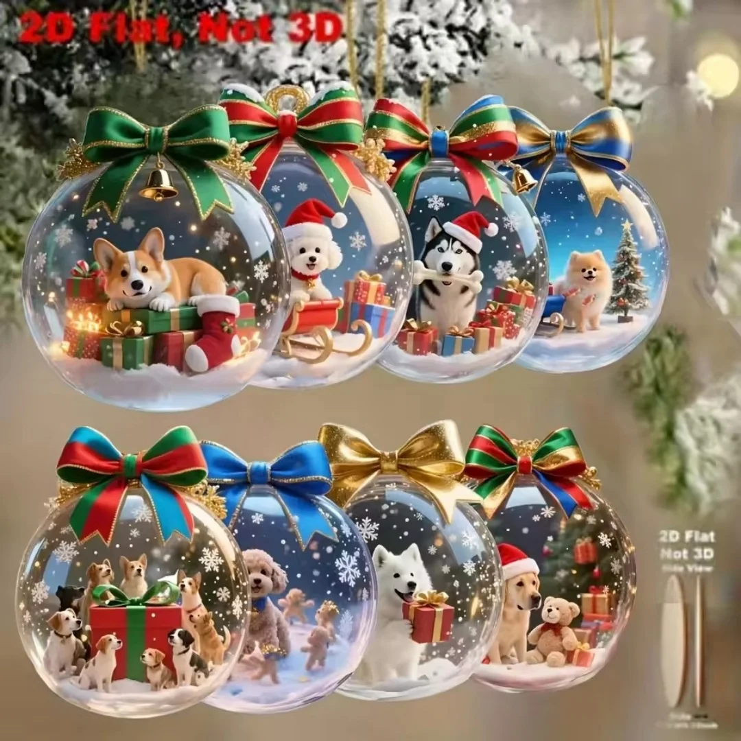 6/8Pcs Set Of Holiday Christmas Cute Dog 2D Wooden Pendant Ball Decoration For Home Window Office Classroom Yard And Party Decor