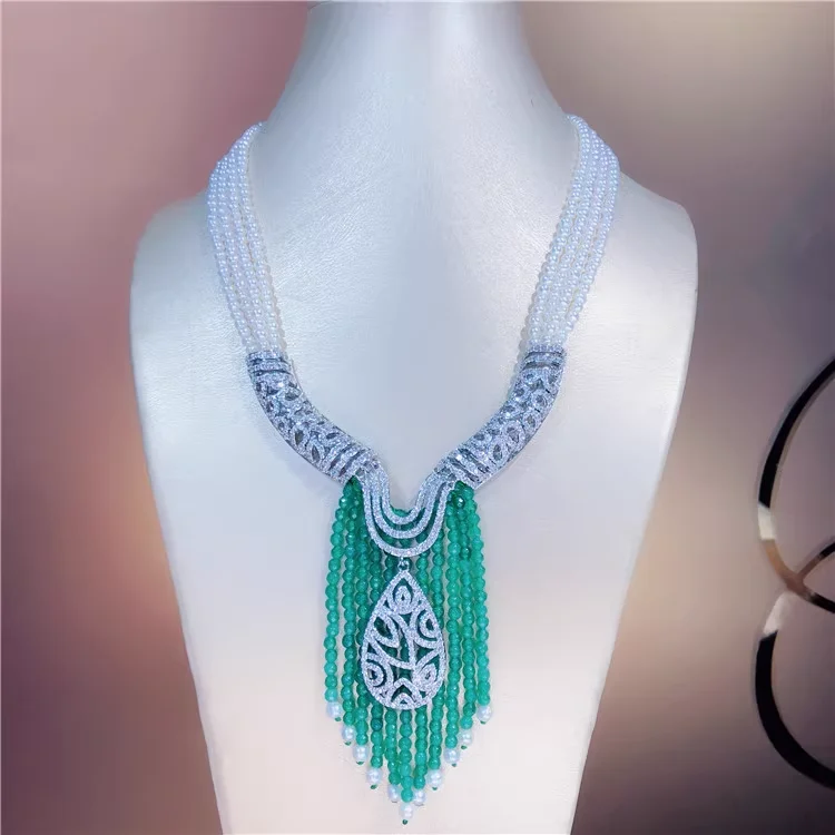4 Strands 18'' White Pearl Freshwater Statement Necklace CZ Pave Green Jade Pendant