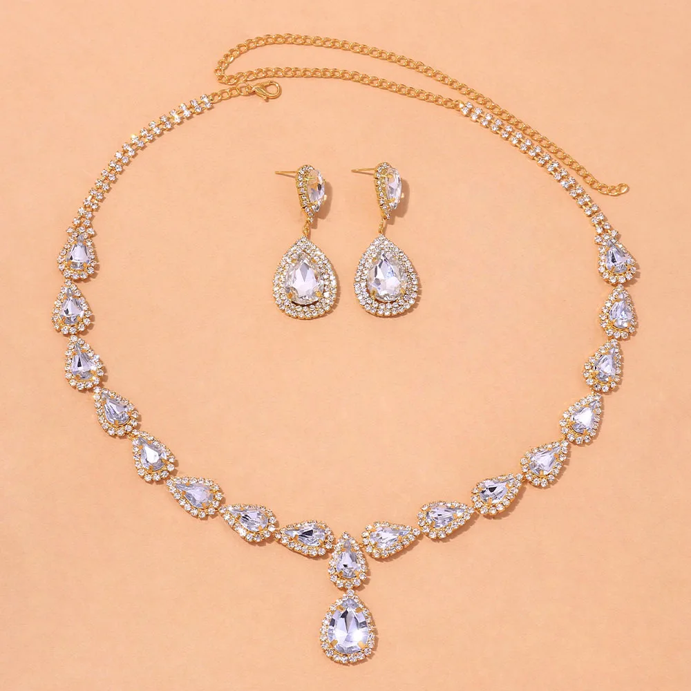 Stonefans News Geometric Rhinestone Bridal Drop Jewelry Set Women Hollow Zircon Necklace Earring Set Party Gift