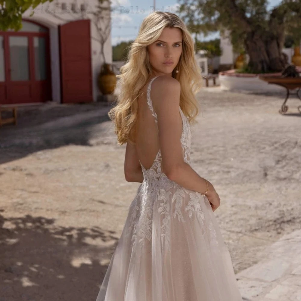 فساتين زفاف أنيقة عاجية مخصصة أشرطة سباغيتي زفاف مزينة بدون ظهر سويب تراين على شكل حرف a فيستدوس دي نوفيا #4