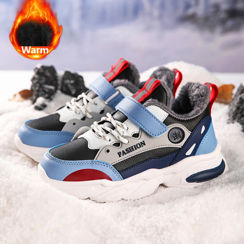 Kids Cotton Shoes Winter Warm PU Leather Sneakers for Children Casual Sports Shoes Comfortable Plush Lining Walking Shoe