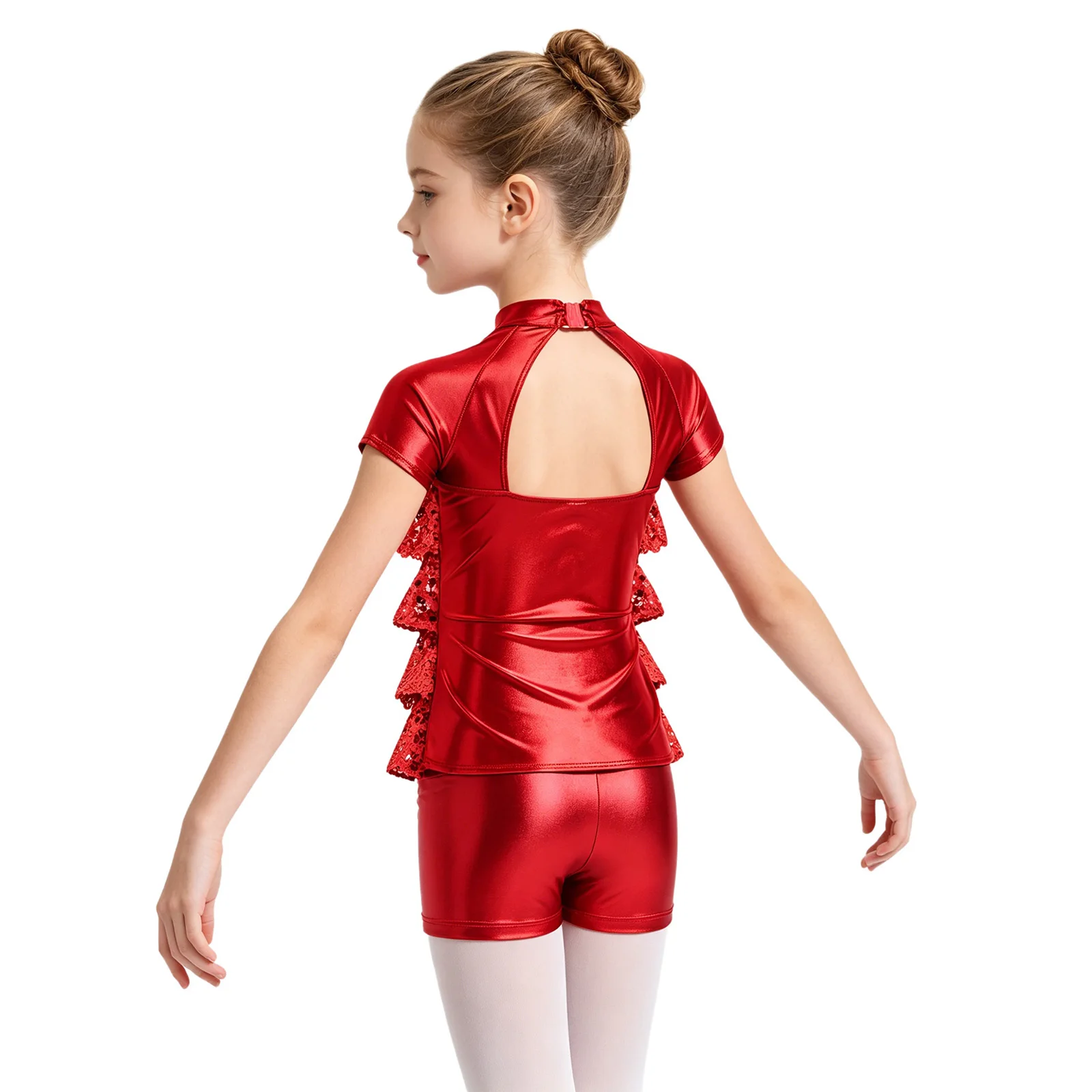 Kids Girls Metallic Modern Jazz Dance Outfit Short Sleeve Sequins Tiered Ruffle Top with Shorts Cheerleading Hip Hop Streetwear