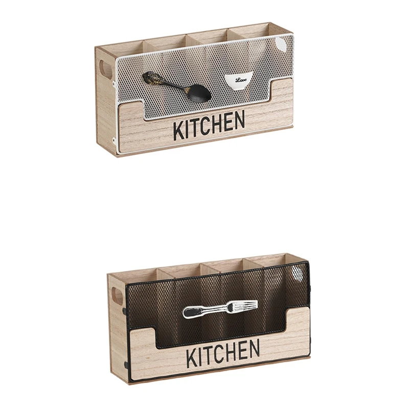 Kitchen Counter Utensil Holder Metal Paired With Wood Flatware Organizer 4 Compartments For Spatula Crock Cutlery