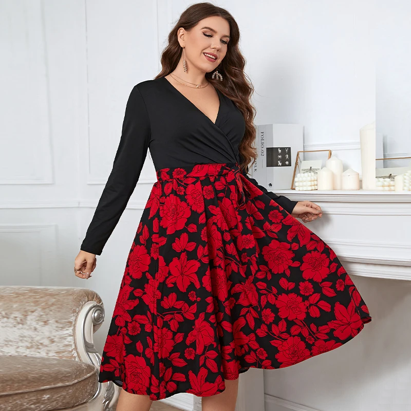 Della Mel Plus Size Party Dresses Elegant Long Sleeve Women Clothing Spring Autumn Casual V-Neck Floral Print Large Size Dress