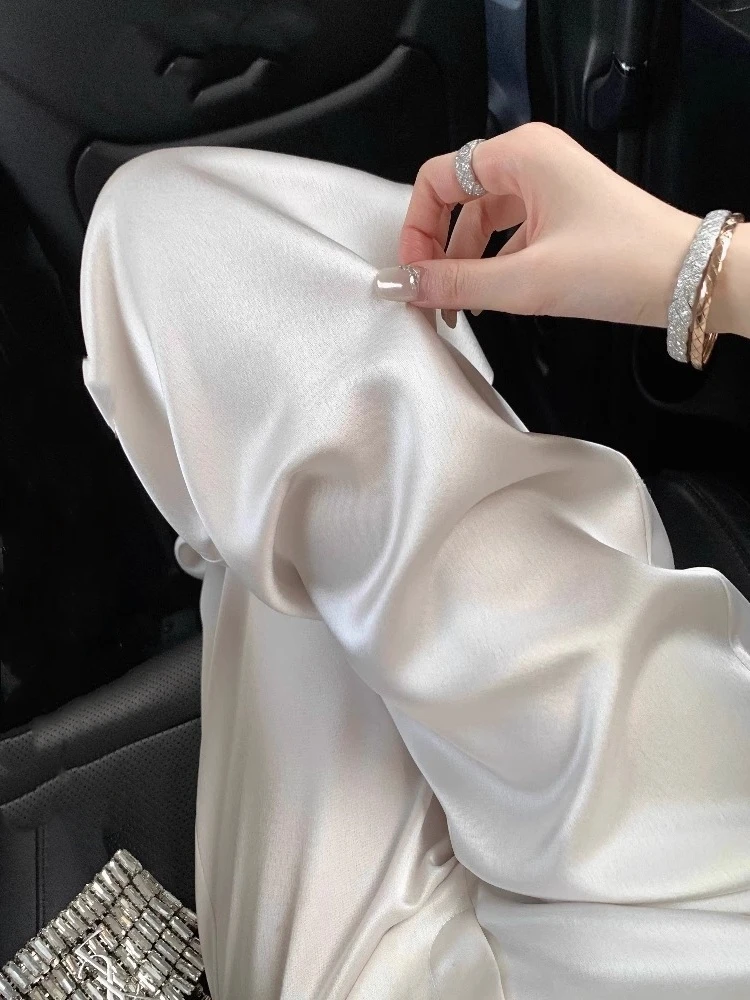 

CHIYOU Casual Loose Wide Leg Pants Silk Texture Straight Cut Drapey Feel Comfortable High Waist Elastic Waistband
