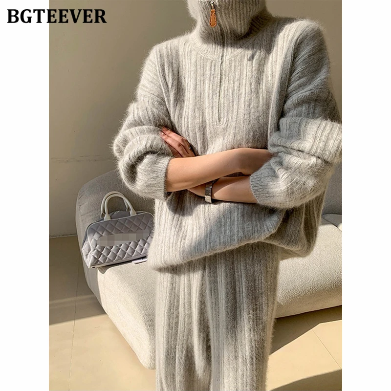 BGTEEVER Autumn Winter Warm Ladies 2 Pieces Sweaters Set Long Sleeve Zipper Up Pullovers Tops Women Wide Leg Trousers