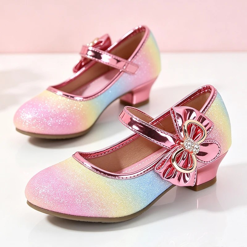 Shiny Girls Rainbow Gradient High Heels Mary Jane Ankle Strap Princess Shoes Xmas Halloween Cosplay Elegant Party Occasion Shoe