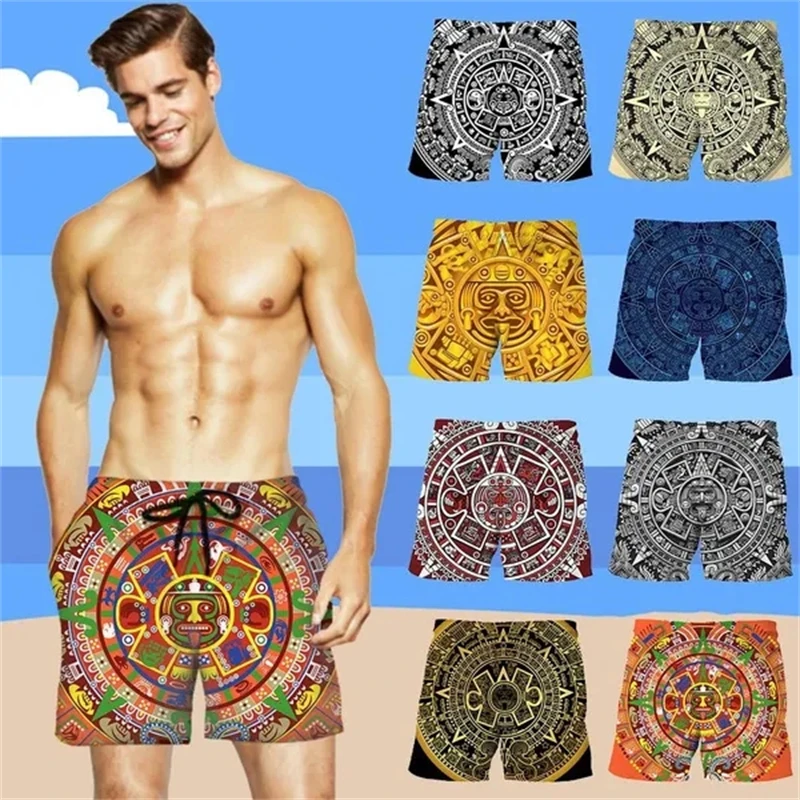 Short de plage imprimé en 3D pour hommes, calendrier aztèque, pierre du soleil, hip hop, short de bain d'été, personnalité décontractée, pantalon court cool