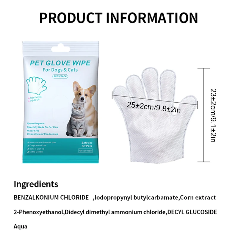 1Bag 6PCS Pet Wash-Free Gloves Cat Bath Deodorant Wipes Disposable Cleaning Dry Cleaning Dog Wipes Gentle And Convenient Gloves