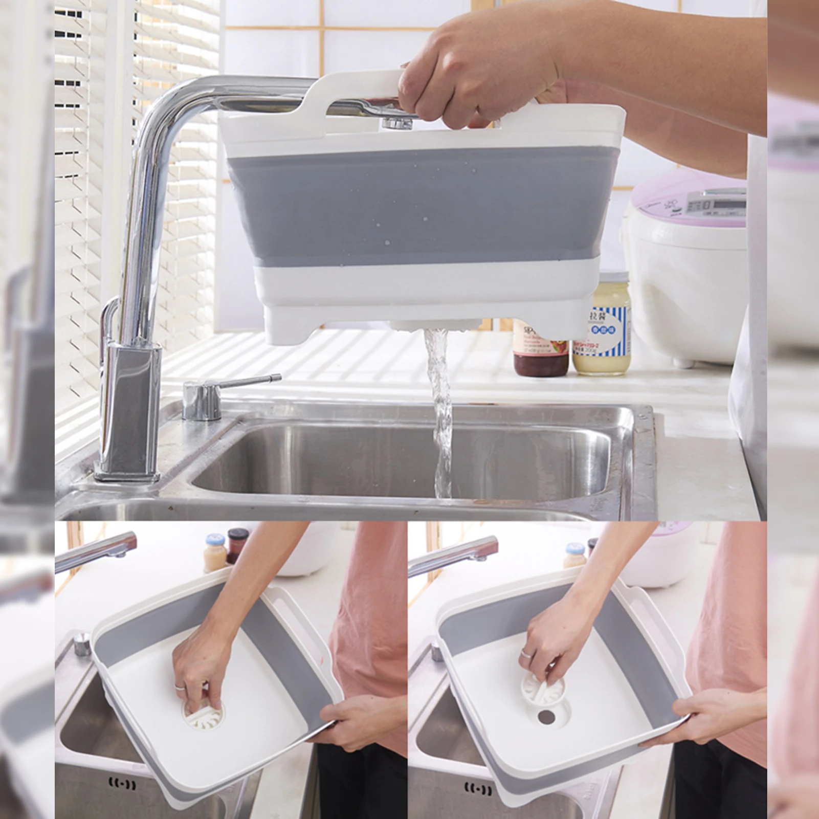 Kitchen Folding Washing Basin Convenient to Use with Drian Plug Storage Basket Suitable for Indoor Outdoor Uses