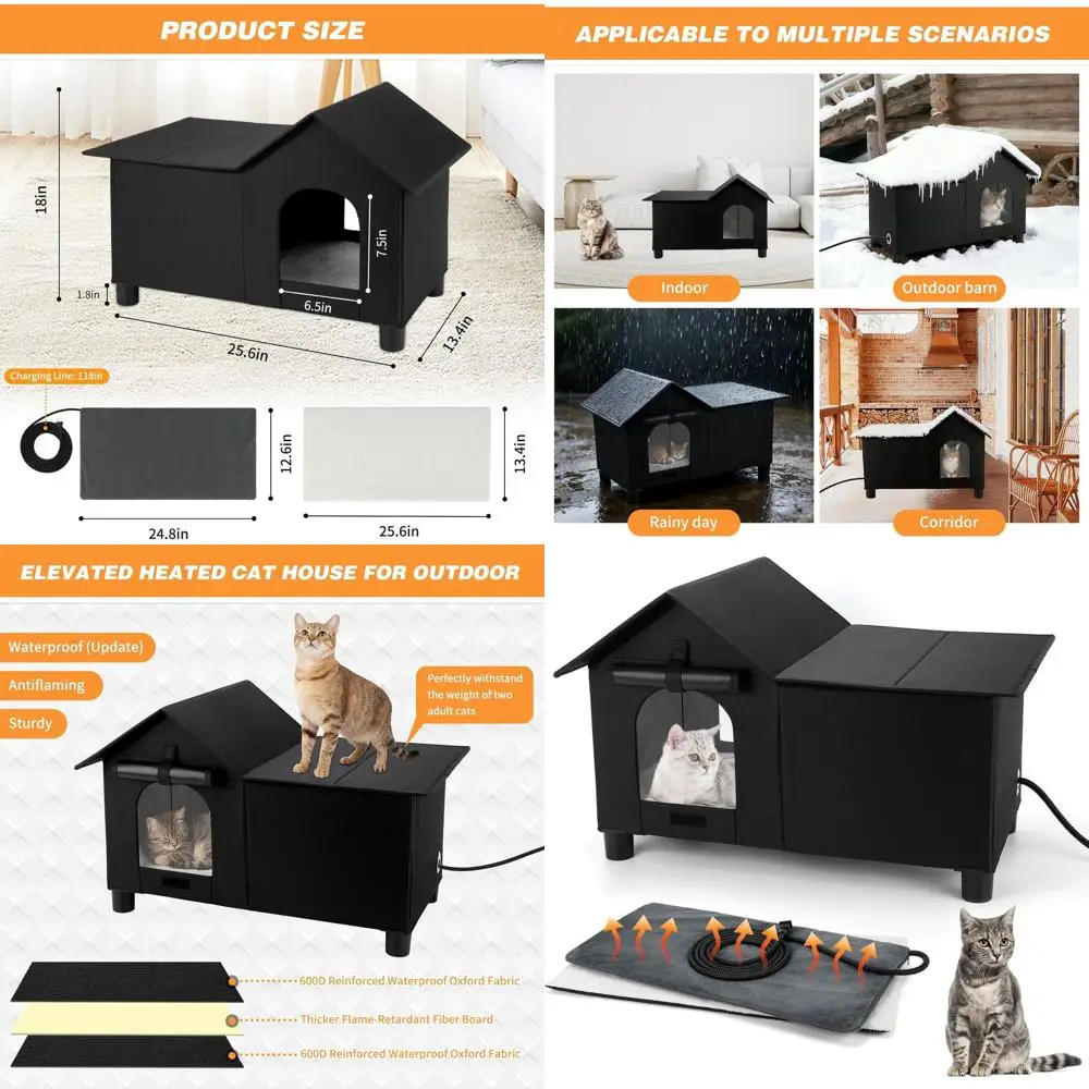 

Elevated Insulated Outdoor Cat House with Heated Pad, Double Entrances, and Easy Cleaning for Multiple Cats