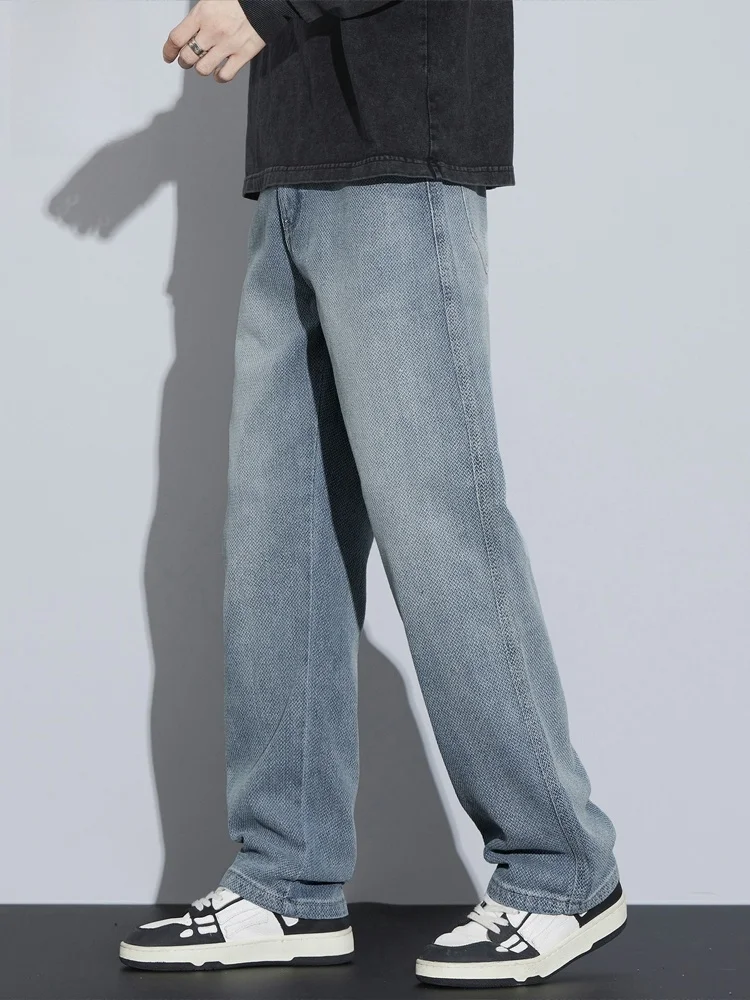 Męskie jeansy o prostych nogawkach, luźny krój, styl vintage, amerykański nadruk Gwieździsta Noc, codzienne, mieszanka bawełny i poliestru, odzież zimowa.