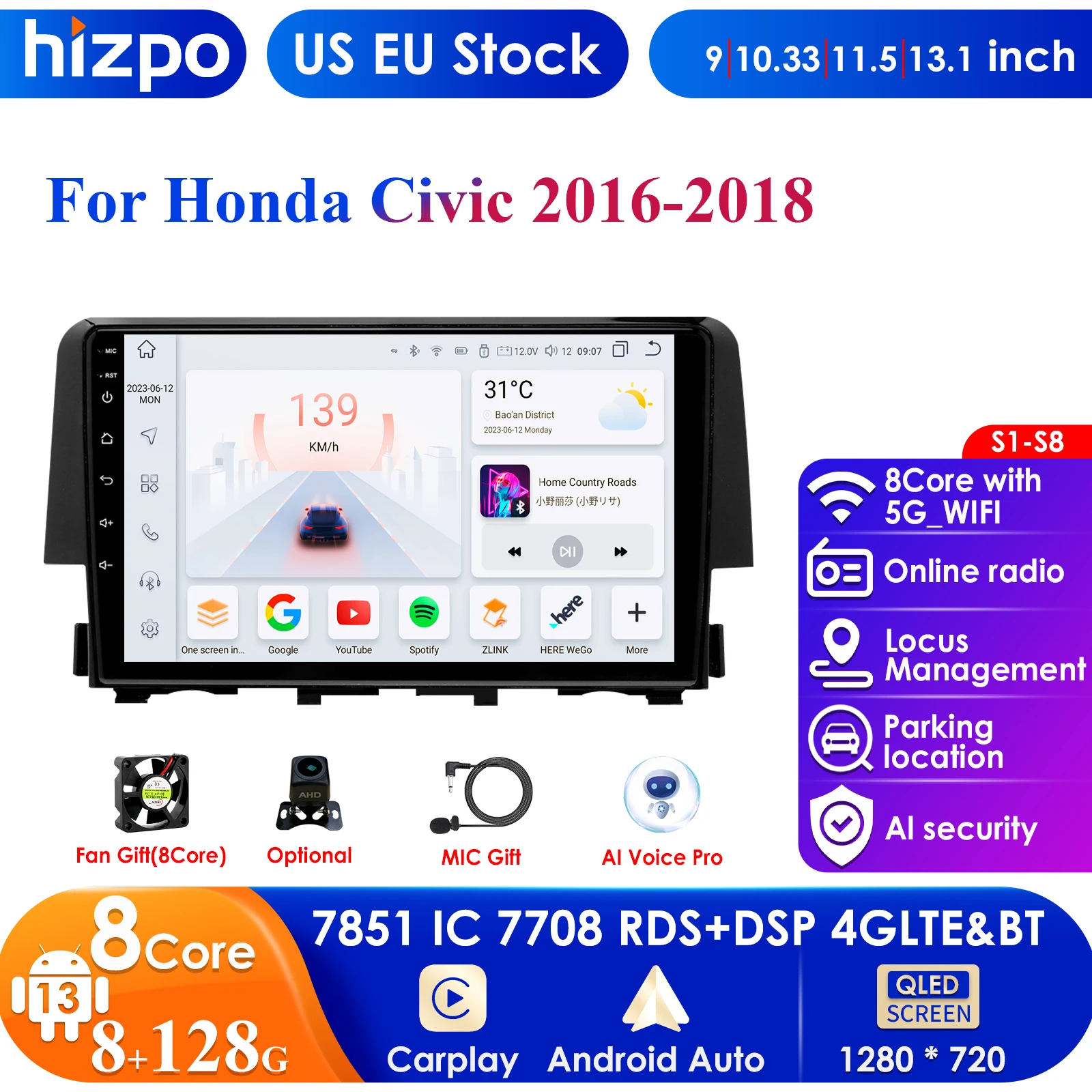 Hizpo 4G 9'' AI Intelligent Systems Wireless CarPlay Android Auto Radio for Honda Civic Car Multimedia GPS 2din Autoradio Stereo