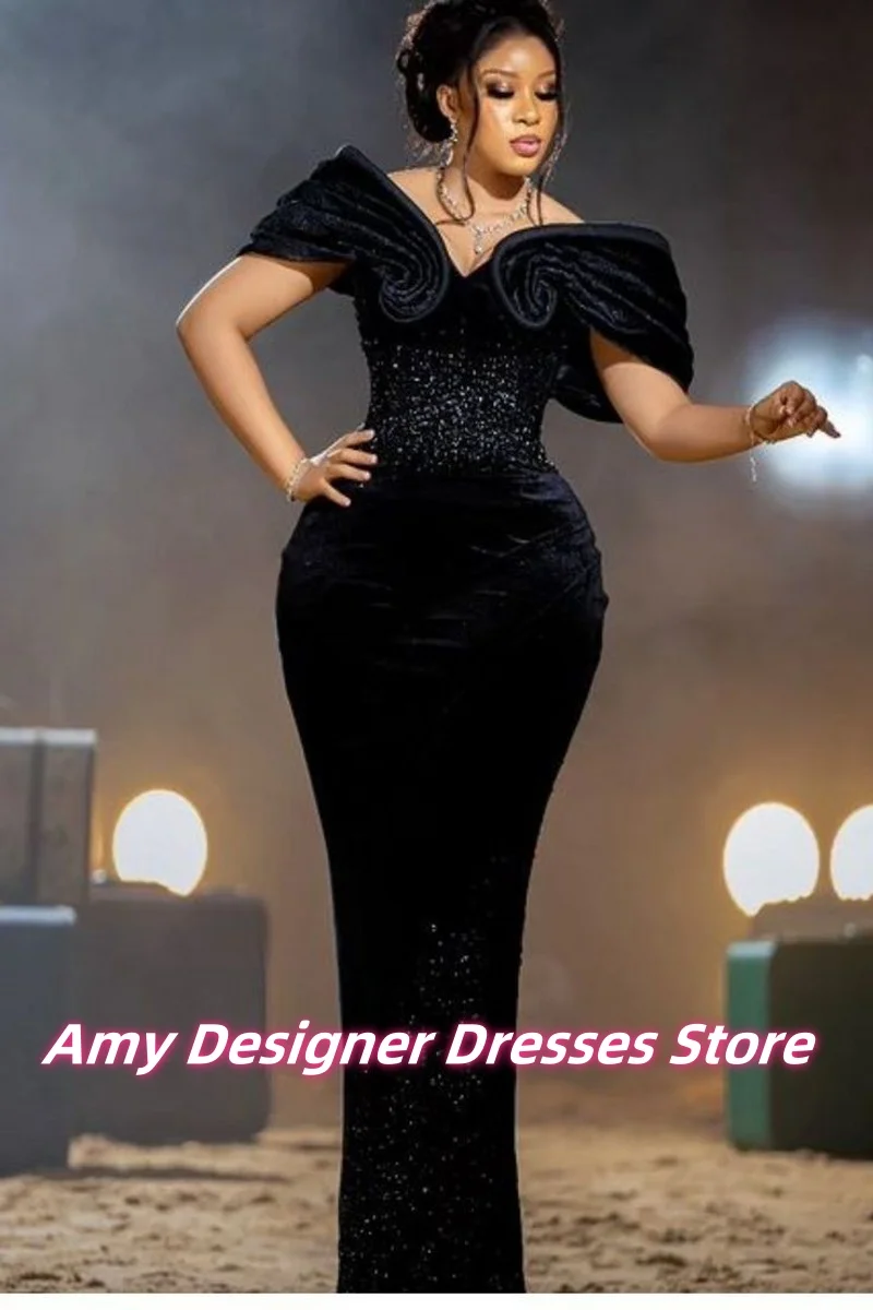 Vestidos de Noche elegantes de terciopelo negro, vestido largo de sirena para graduación, vestidos de fiesta de lentejuelas de lujo, vestido de cena africano personalizado