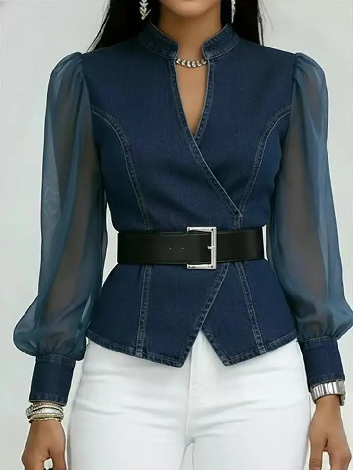 Vintage Bluse mit tiefem V-Ausschnitt, Wickeldesign, Denim-Patchwork, transparentem Chiffon, langen Ärmeln und Gürtel – Detail 1