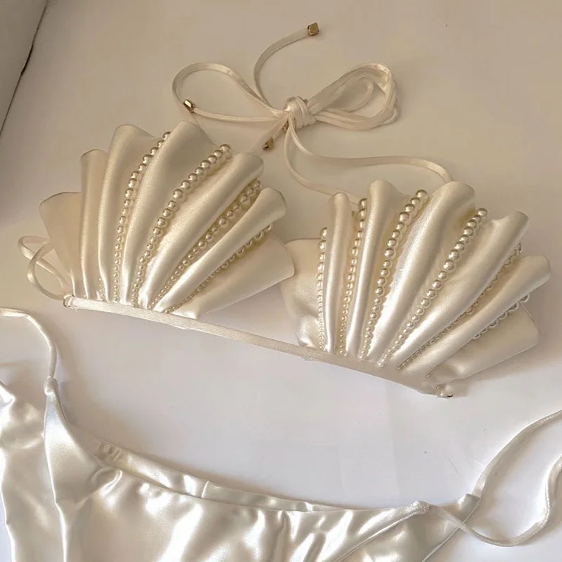 

Women's Pearl Shell Bikini Set 2 Piece / 3 Piece Halter Neck Push Up Mermaid Swimsuit with Satin Sarong Beach Cover Up