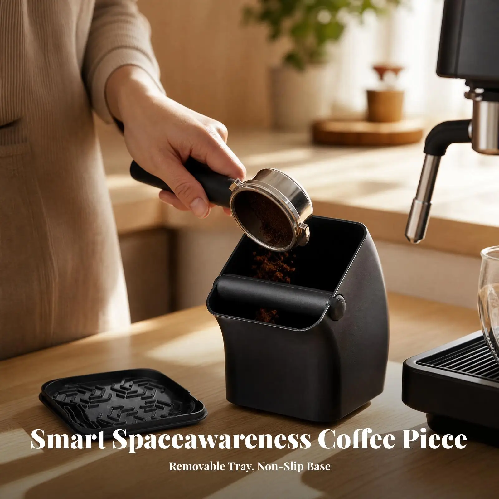 ABS Plastic Coffee Grounds Container with Knock Bar and Raised Tray for Semi Auto Coffee Machine Use