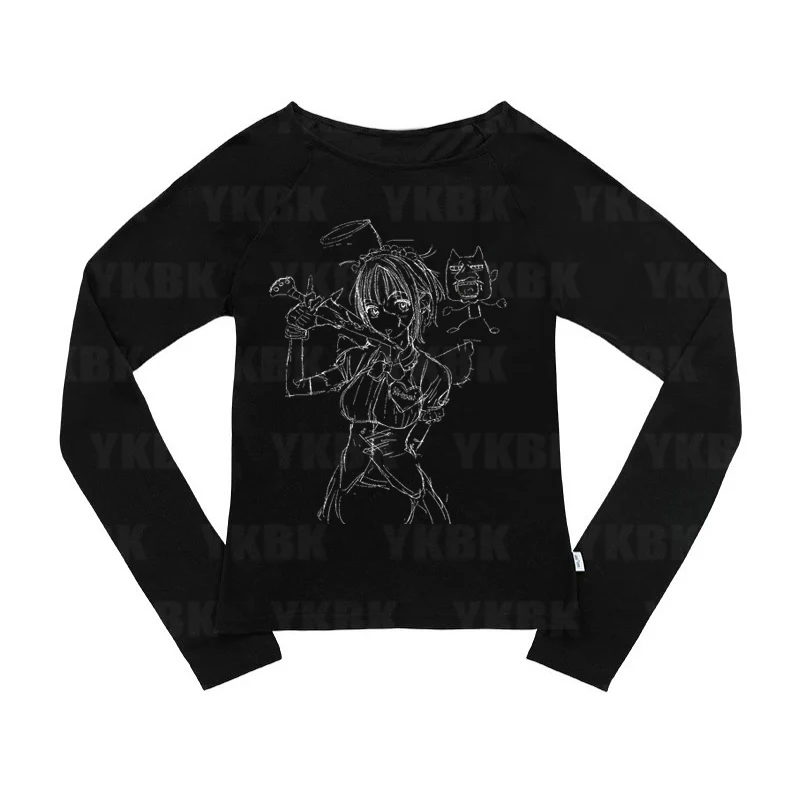 

Harajuku Women Y2K Street Harajuku Fashion Spicy Girl Casual Top Long Sleeve Retro Gothic White Print Anime T-shirt Spicy Girl