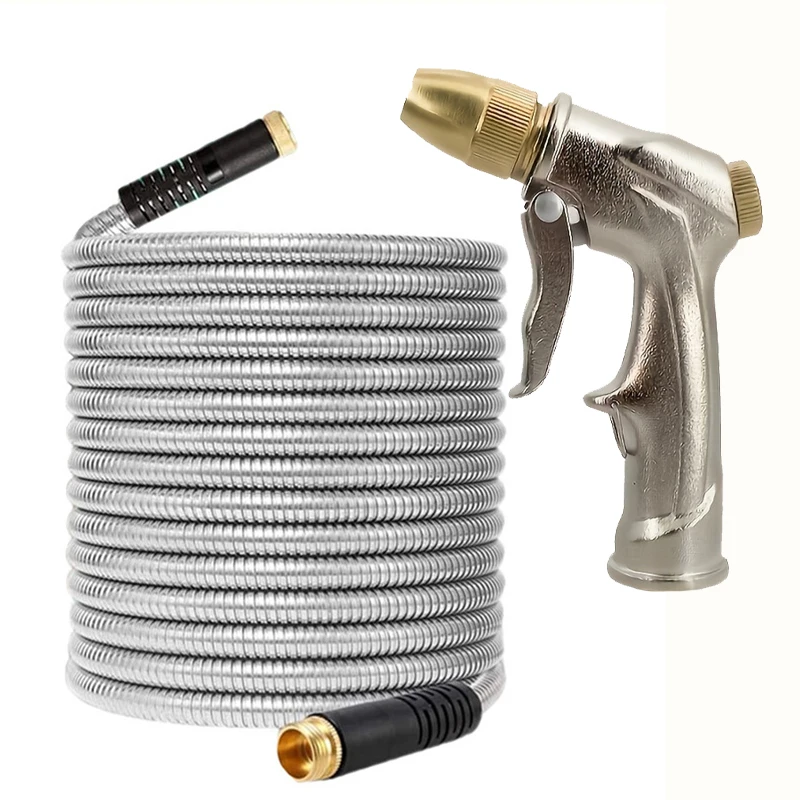 Heavy Duty Stainless Steel Garden Hose Nozzle Rust-Proof, Flexible & Lightweight Metal Water Hose Solid Brass 3/4'' Connectors ﻿