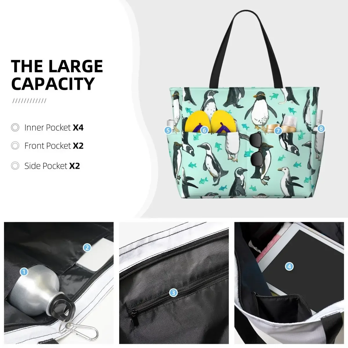Lots Of Little Penguins On Mint Beach Tote Bag Sport Gym Yoga Duffle Large Tote Bag Women Travel Bag Fitness bag