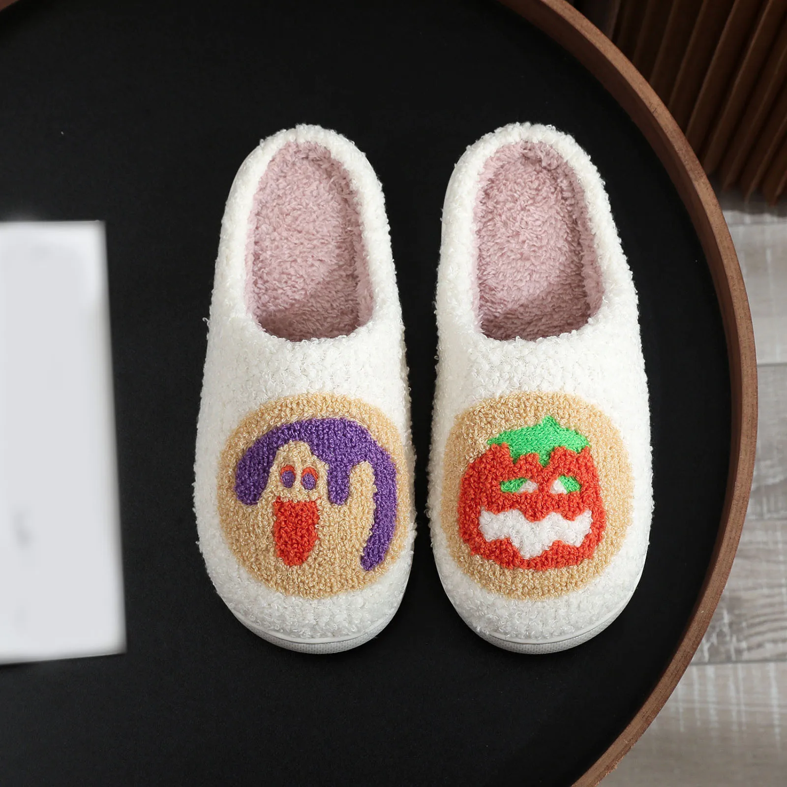 Women's Slippers Halloween Cute Pumpkin Cookies And Funny Witch Winter Indoor Warm Soft Sole Anti-slip Comfort Bedroom Slipper