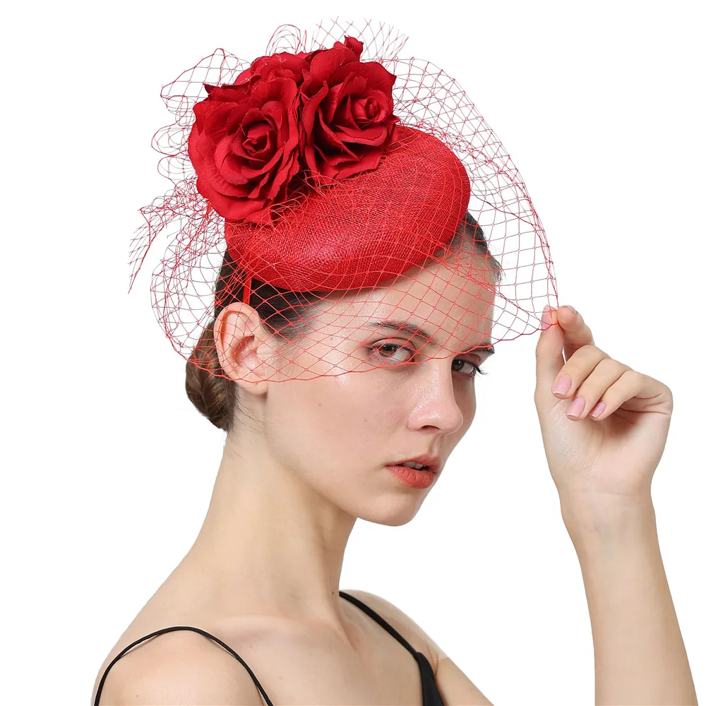 

Sinamay Red Fascinator Hat Veils Wedding Headpiece Women Bride Occasion Hair Accessories Ladies Party Dinner Fascinators